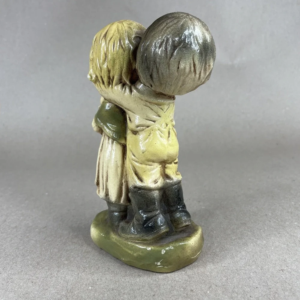Vintage Boy Covering Girls Eyes‎ Holding Basket Figurine Surprise Yellow Green